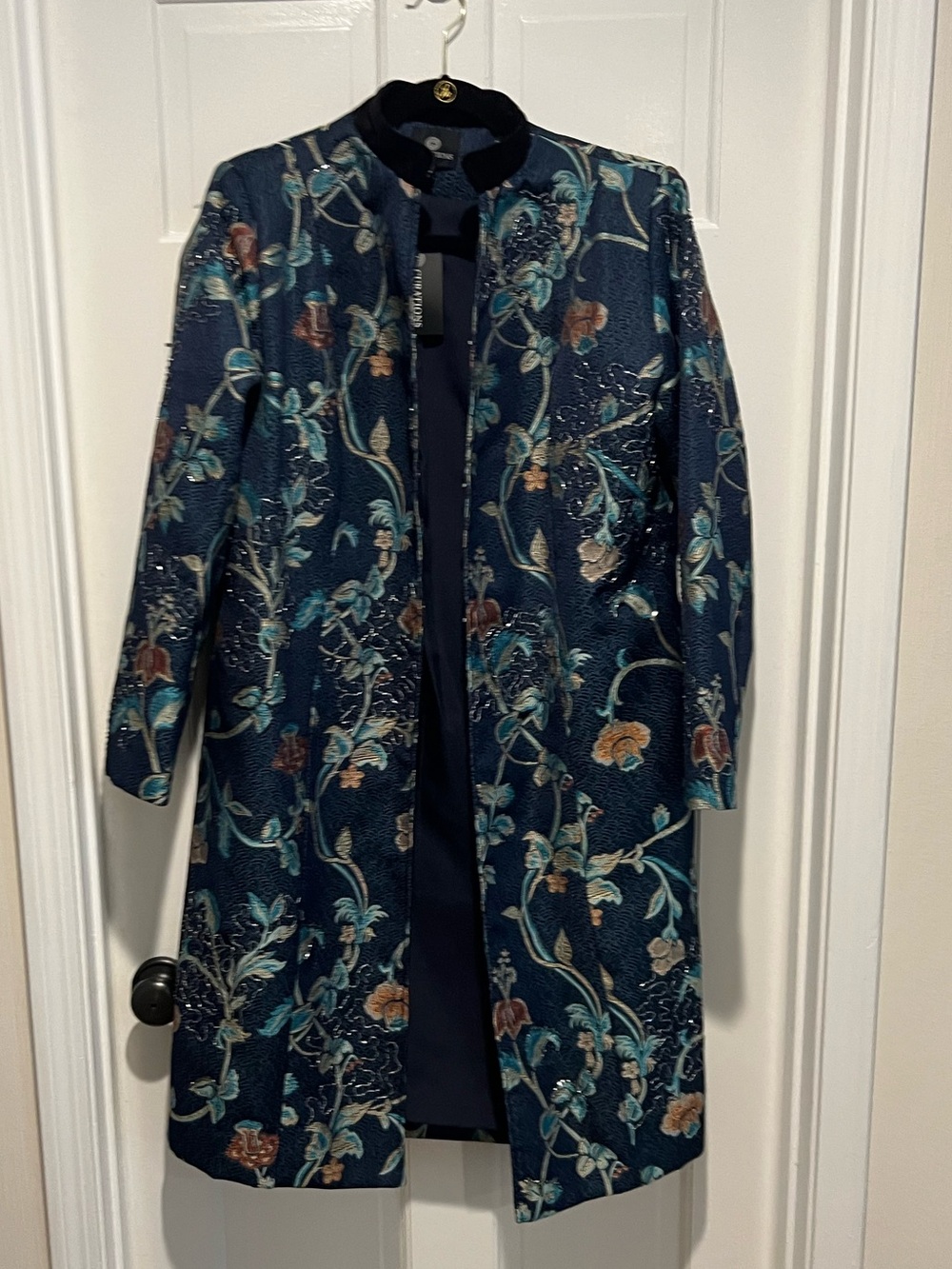 Elegant Curations Navy Floral Embroidered Coat